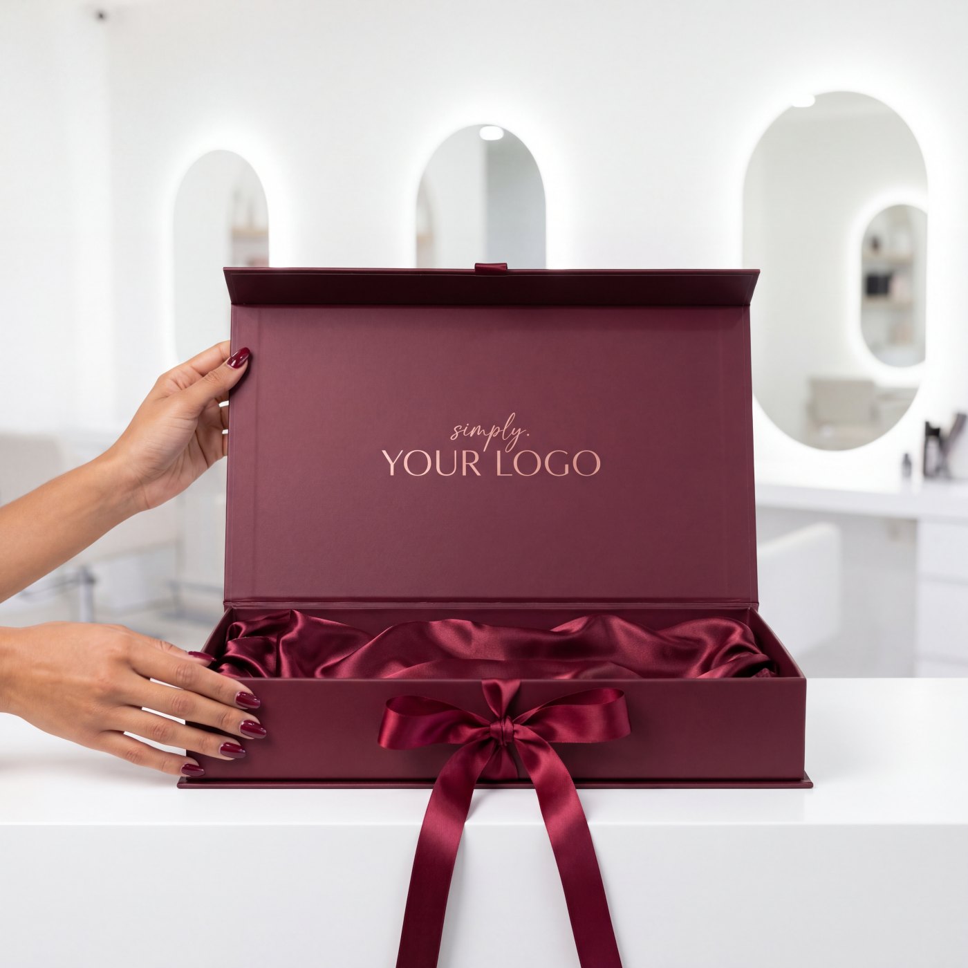A burgundy private label hair box with your logo inside the lid, in a white salon