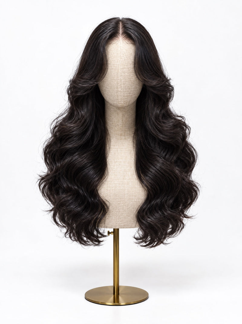 24 inch wig at 180% density on a canvas mannequin, noticeably fuller through the mid-lengths and ends
