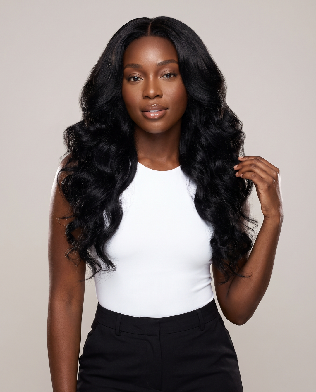 Raw Cambodian wavy wig 22 inch, natural black. Build your own wig: model with full, glossy, voluminous long black hair
