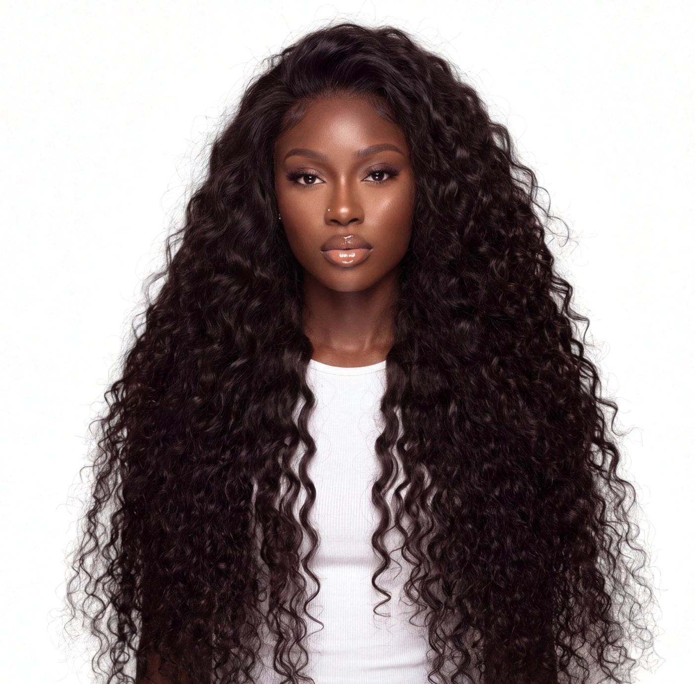 Model wearing waist length Burmese curly raw hair